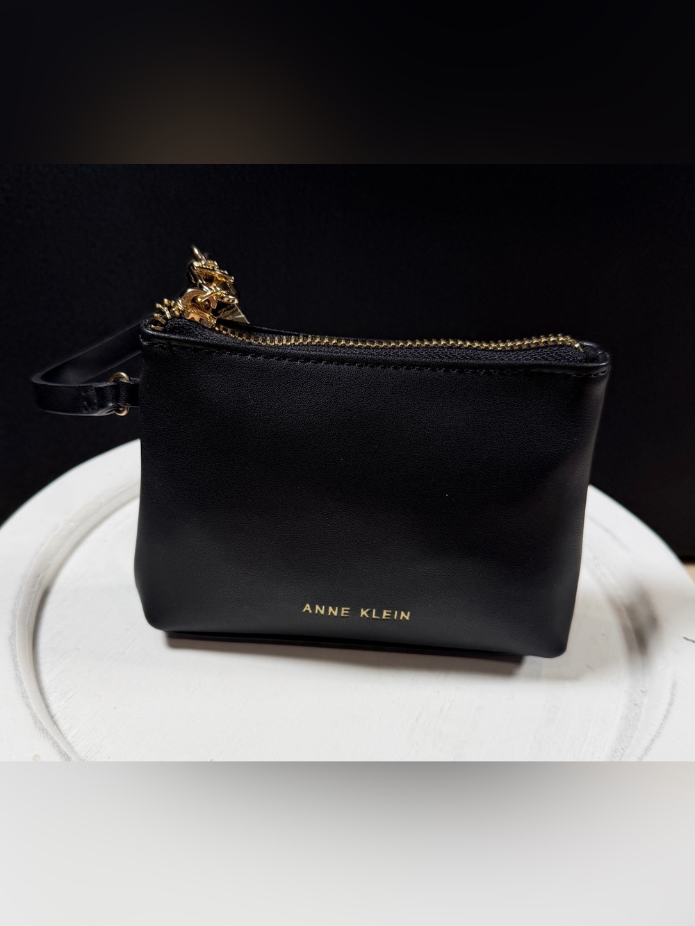 Anne Klein Black Leather Clutch Wristlet W/Gold Tone Logo & Zipper